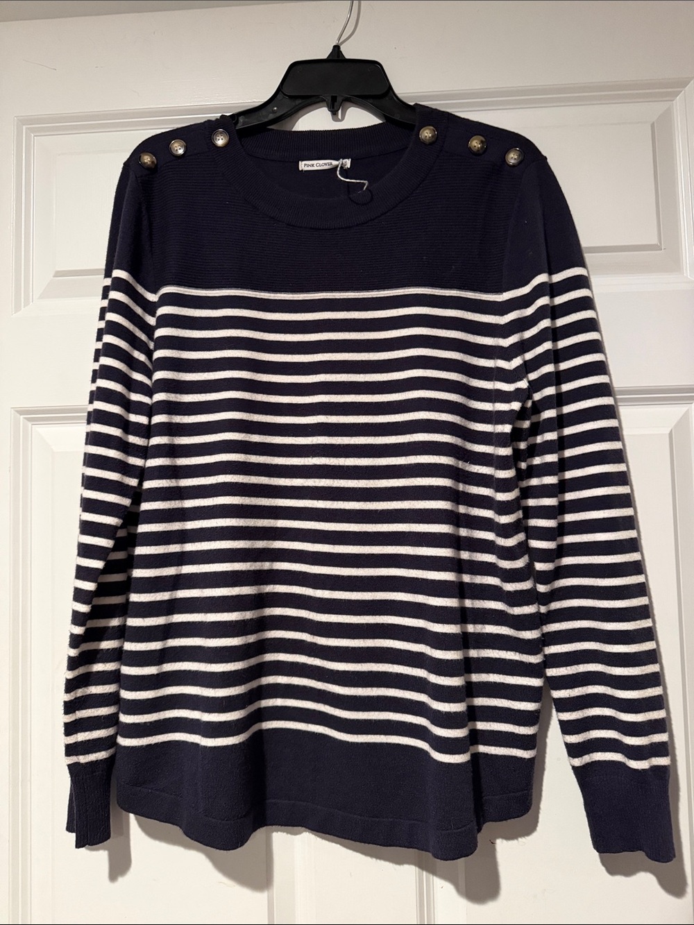 Pink Clover Navy and White Striped Button-Shoulder Sweater
